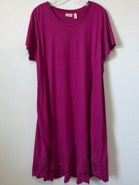 LOGO Lavish Short sleeve Scoop Neck Magenta Pink Eyelet Hem Dress Size XL
